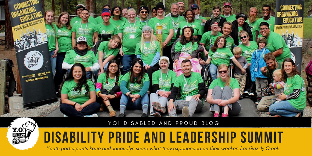 Group photo of diverse youth with disabilities and staff at the 2018 YO! Summit at Grizzly Creek Ranch in Portola.