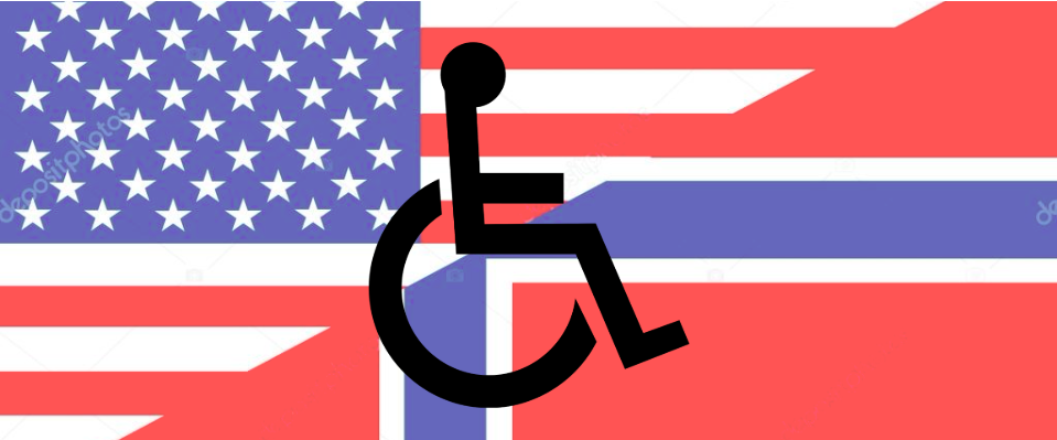 The background is a flag that is half the US flag and half the Norwegian flag, in the foreground is the international symbol of access.