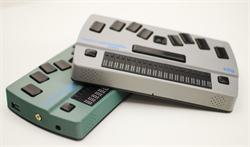 Photo of 2 Braille Display Note-taker devices, one gray, one teal. 